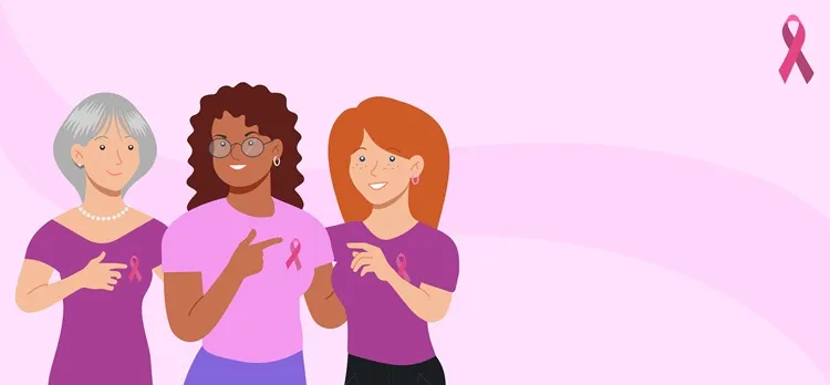 Illustration de la bannière rose d'octobre avec trois femmes en soutien au Mois mondial du cancer du sein