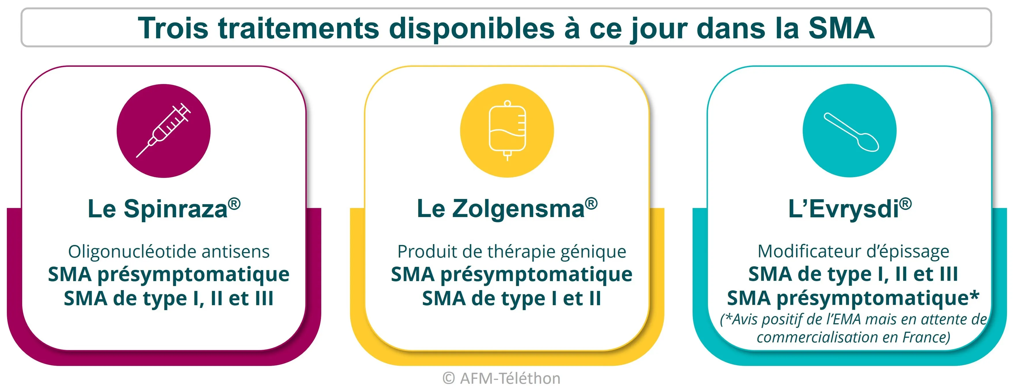 Infographie - Trois traitements disponibles à ce jour dans la SMA : Le Spinraza® (Oligonucléotide antisens SMA présymptomatique, SMA de type I, II et III) // Le Zolgensma® (Produit de thérapie génique SMA présymptomatique, SMA de type I et II) // L’Evrysdi® (Modificateur d’épissage SMA de type I, II et III, SMA présymptomatique* (*Avis positif de l’EMA mais en attente de commercialisation en France))